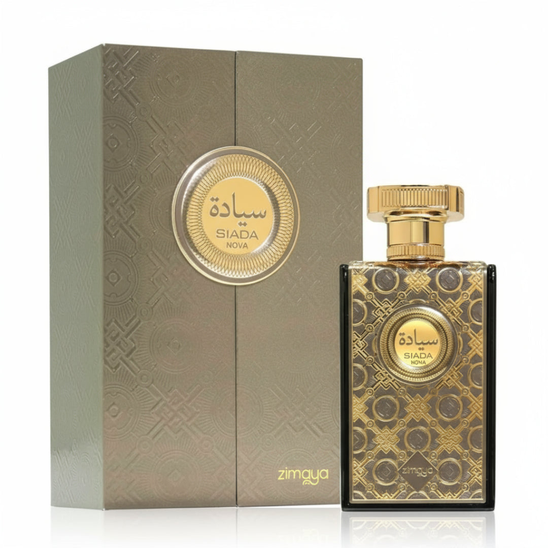 Perfume bottle and packaging with intricate designs on a white background