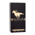 Ard Al Zaafaran Qaed Al Fursan 50ml — Black perfume box with a gold silhouette of a running horse and Arabic text. | Kotak minyak wangi hitam dengan siluet kuda berlari berwarna emas dan teks Arab.