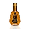 Ard Al Zaafaran Qaed Al Fursan — A clear glass perfume bottle with a gold cap and a black label featuring a horse silhouette and Arabic text, set against a white background. | Ard Al Zaafaran Qaed Al Fursan — Botol minyak wangi kaca jernih dengan penutup emas dan label hitam menampilkan siluet kuda dan teks Arab