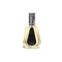 Ard Al Zaafaran Rave Now 50ml EDP for Men — Clear glass perfume bottle with a silver ribbed cap, containing yellow liquid, against a white background.