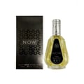 Ard Al Zaafaran Rave Now 50ml EDP for Men — Black box with geometric pattern and "NOW" logo next to a clear glass perfume bottle with yellow liquid and silver cap, "NOW" logo on bottle.