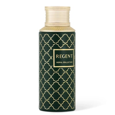 Maison Asrar Regent by Maison Asrar 100ml EDP Unisex — A dark green bottle with a gold geometric pattern and a gold cap, featuring a rectangular label with 'REGENT ROYAL COLLECTION' text.