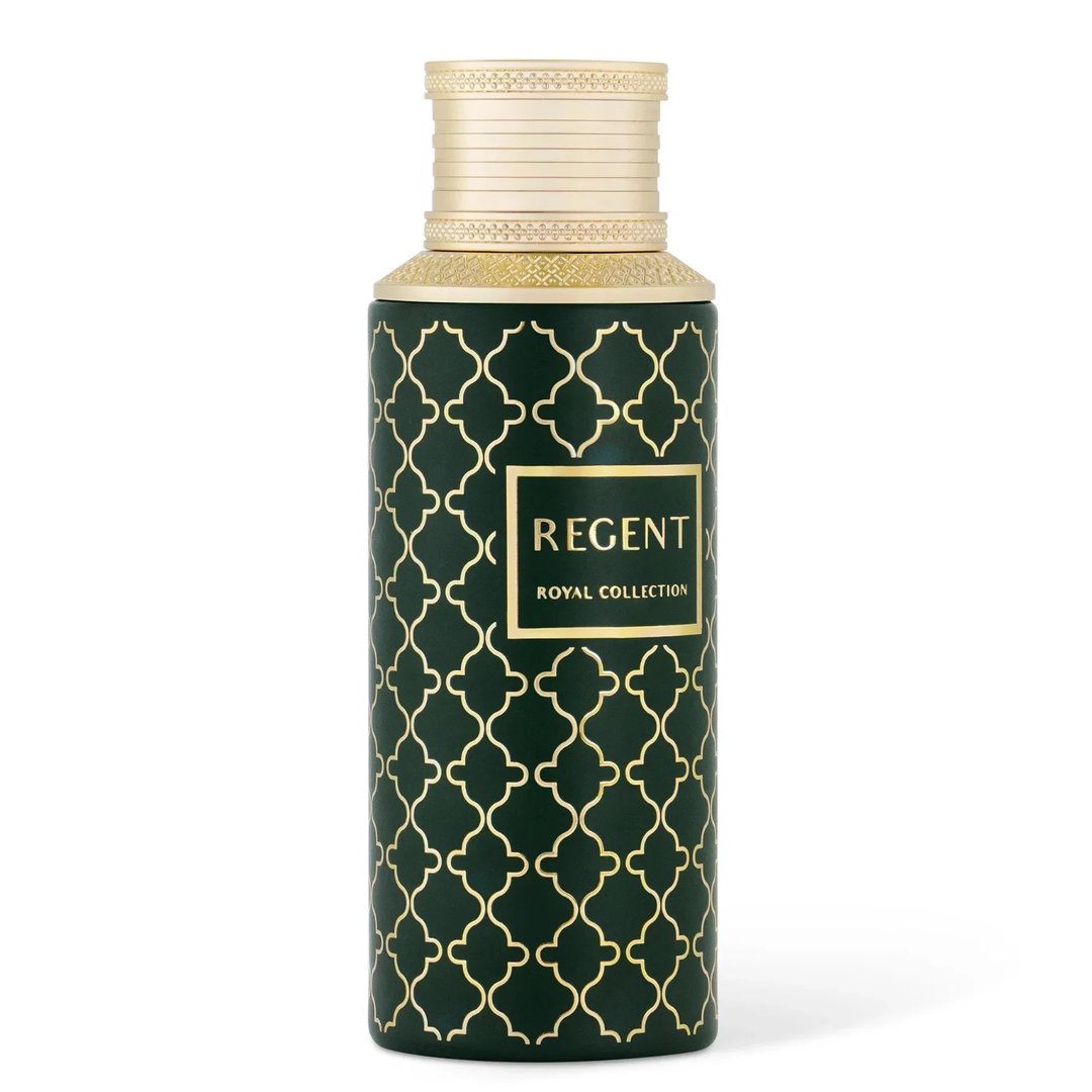 Maison Asrar Regent by Maison Asrar 100ml EDP Unisex — Botol hijau gelap bermotif geometri emas dan penutup emas, dengan label segi empat tepat tertulis 'REGENT ROYAL COLLECTION'.