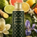 Maison Asrar Regent by Maison Asrar 100ml EDP Unisex — Botol hijau gelap corak emas, penutup emas, dikelilingi buah sitrus, halia, dan bunga putih serta ungu.