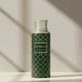 Maison Asrar Regent by Maison Asrar 100ml EDP Unisex — Botol tinggi berwarna hijau dengan corak geometri putih dan penutup berjalur perak, diletakkan di dinding kelabu terang dengan bayang-bayang dramatik.