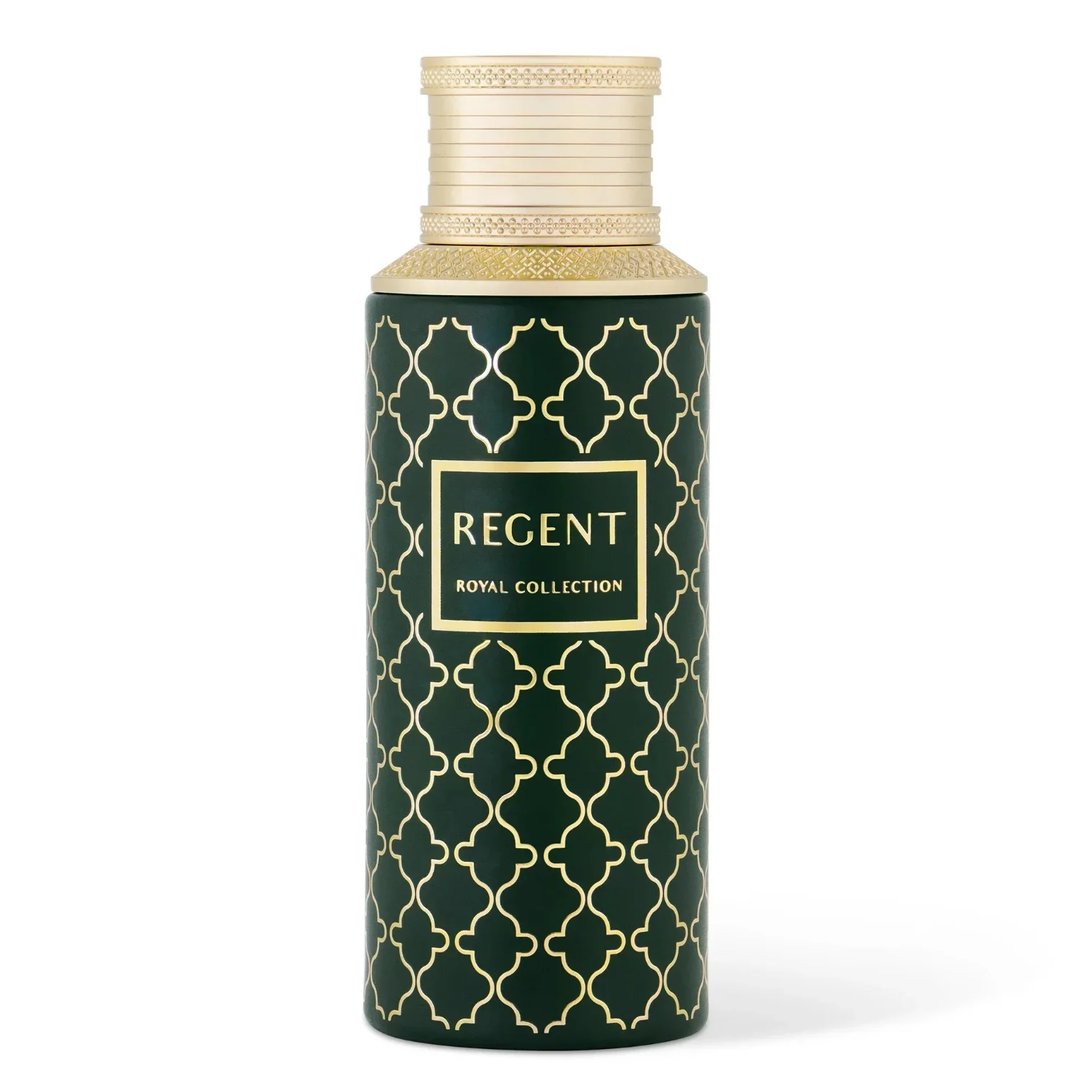 Regent by Maison Asrar 100ml EDP Unisex — Botol hijau gelap bermotif geometri emas dan penutup emas, dengan label emas tertulis 'REGENT ROYAL COLLECTION'.