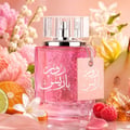Ard Al Zaafaran Rose Paris Ard Al Zaafaran 100 ml EDP Women — Pink perfume bottle with Arabic calligraphy, surrounded by pink flowers, orange slices, lime, pear, raspberries, and crystals.