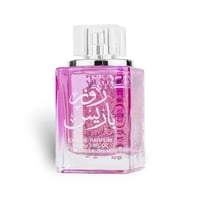 Ard Al Zaafaran Rose Paris Ard Al Zaafaran 100 ml EDP Women — A clear glass perfume bottle with pink liquid, featuring ornate white Arabic script and a clear cap.