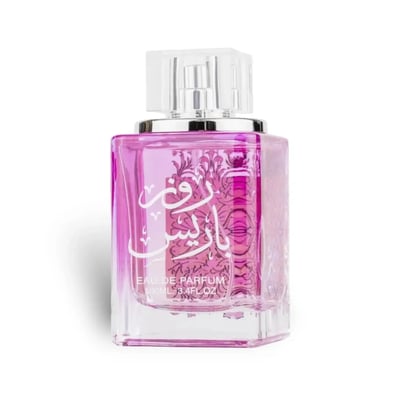 Ard Al Zaafaran Rose Paris Ard Al Zaafaran 100 ml EDP Women — A clear glass perfume bottle with pink liquid, featuring ornate white Arabic script and a clear cap.