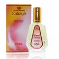 Al Rehab Sabaya by Al-Rehab 50ml EDP — A perfume bottle with a gold cap and a red label featuring Arabic and English text, placed next to its matching box with a pink and yellow gradient background. | Al Rehab Sabaya by Al-Rehab 50ml EDP — Botol minyak wangi bertutup emas dan berlabel merah menampilkan teks Arab dan