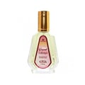 Al Rehab Sabaya by Al-Rehab 50ml EDP — A clear glass perfume bottle with a gold cap, featuring a pink and orange label with Arabic and English text. | Al Rehab Sabaya by Al-Rehab 50ml EDP — Botol minyak wangi kaca jernih bertudung emas, menampilkan label merah jambu dan oren dengan teks Arab dan Inggeris.