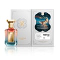 Velixir Selene Eau de Parfum — A clear glass perfume bottle with a gradient pink to blue liquid and a gold cap, placed next to its white packaging with intricate gold details and a celestial illustration. | Velixir Selene Eau de Parfum — Botol minyak wangi kaca jernih dengan cecair gradien merah jambu ke biru dan