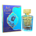 Lattafa Sheikh Al Shuyukh Supreme by Lattafa 100ml — A blue and gold perfume box with an image of a man in a headscarf is shown next to a clear glass perfume bottle with a gold textured cap, both featuring Arabic script. | Lattafa Sheikh Al Shuyukh Supreme by Lattafa 100ml — Kotak minyak wangi biru dan emas dengan