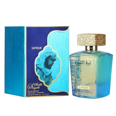 Lattafa Sheikh Al Shuyukh Supreme by Lattafa 100ml — A blue and teal gradient perfume bottle with a textured gold cap sits next to its matching blue and teal box featuring an illustration of a man in traditional headwear. | Lattafa Sheikh Al Shuyukh Supreme by Lattafa 100ml — Botol minyak wangi gradien biru dan teal