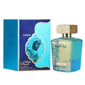 Lattafa Sheikh Al Shuyukh Supreme by Lattafa 100ml — A blue and teal gradient perfume bottle with a textured gold cap sits next to its matching blue and teal box featuring an illustration of a man in traditional headwear. | Lattafa Sheikh Al Shuyukh Supreme by Lattafa 100ml — Botol minyak wangi gradien biru dan teal