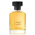 Al Rehab Spanish Vanilla Eau De Parfum 100ml — A clear glass perfume bottle with golden liquid and a black ribbed cap, featuring gold text "Spanish Vanilla" on the front. | Al Rehab Spanish Vanilla Eau De Parfum 100ml — Botol kaca jernih berisi cecair keemasan dengan penutup berjalur hitam, menampilkan teks emas