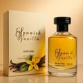 Al Rehab Spanish Vanilla Eau De Parfum 100ml — A bottle of golden perfume next to its cream-colored box, featuring vanilla bean illustrations and a yellow flower. | Al Rehab Spanish Vanilla Eau De Parfum 100ml — Sebotol minyak wangi keemasan di sebelah kotak berwarna krimnya, menampilkan ilustrasi kacang vanila dan