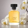 Al Rehab Spanish Vanilla Eau De Parfum 100ml — A clear glass perfume bottle with golden liquid and gold text "Spanish Vanilla" on the label, capped with a black lid, is displayed in front of white orchids against a soft grey background. | Al Rehab Spanish Vanilla Eau De Parfum 100ml — Sebotol minyak wangi kaca jernih