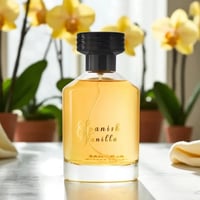 Al Rehab Spanish Vanilla Eau De Parfum 100ml — A clear glass perfume bottle with golden liquid and a black cap sits on a reflective surface, with blurred yellow orchids in the background. | Al Rehab Spanish Vanilla Eau De Parfum 100ml — Botol minyak wangi kaca jernih dengan cecair keemasan dan penutup hitam duduk di