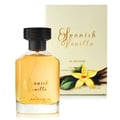 Al Rehab Spanish Vanilla Eau De Parfum 100ml — A clear glass perfume bottle with golden liquid and a black cap sits in front of its cream-colored box, which features a golden script logo and a yellow orchid illustration. | Al Rehab Spanish Vanilla Eau De Parfum 100ml — Botol minyak wangi kaca jernih dengan cecair