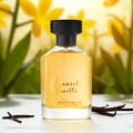 Al Rehab Spanish Vanilla Eau De Parfum 100ml by Al Rehab — A clear glass perfume bottle with golden liquid and a black cap sits on a white surface, with vanilla pods in the foreground and blurred yellow flowers and green leaves in the background. | Al Rehab Spanish Vanilla Eau De Parfum 100ml by Al Rehab — Botol