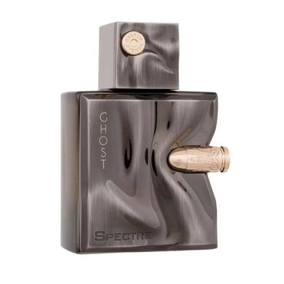 French Avenue Ghost Spectre by French Avenue 80ml — A metallic grey perfume bottle with a wavy, sculpted design and a gold bullet accent on the side. The word "GHOST" is vertically embossed on the left, and "SPECTRE" is on the base. | French Avenue Ghost Spectre by French Avenue 80ml — Botol minyak wangi kelabu