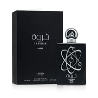 Lattafa Pride Tharwah Silver — Black perfume box and bottle with silver atom design, white background.