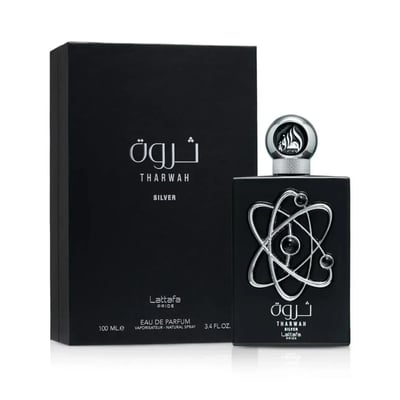 Lattafa Pride Tharwah Silver — Black perfume box and bottle with silver atom design, white background.
