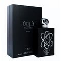 Lattafa Pride Tharwah Silver EDP — Kotak dan botol minyak wangi hitam dengan rekaan atom perak dan penutup perak, berasingan di atas putih.