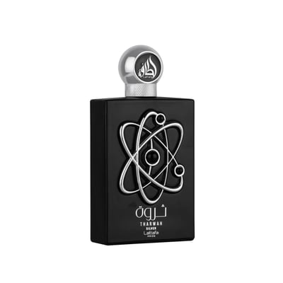 Lattafa Pride Tharwah Silver by Lattafa Pride 100ml EDP — Black rectangular perfume bottle with a silver atom-like emblem and a silver spherical cap with Arabic calligraphy.