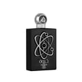 Lattafa Pride Tharwah Silver oleh Lattafa Pride 100ml EDP — Botol minyak wangi hitam segi empat dengan lambang perak seperti atom dan penutup sfera perak dengan kaligrafi Arab.