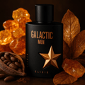 Maison Alhambra Galactic Man Elixir — Black bottle with gold star emblem, surrounded by amber crystals, cocoa pods, and dried leaves.