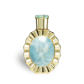 Lattafa Victoria by Lattafa 100ml EDP — A gold-colored perfume bottle with a fluted, oval-shaped body and a decorative blue and gold cap, set against a white background.