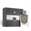 Lattafa Liam Grey by Lattafa 100ml EDP — Grey gift box with silver patterned insert and a clear glass perfume bottle with a grey cap and silver emblem.