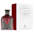 Maison Alhambra Victorioso Fearless by Maison Alhambra 100ml EDP — Red glass perfume bottle with silver accents and 'FEARLESS' label, next to its white and red patterned box with 'victorioso fearless' text.
