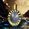 Lattafa Victoria by Lattafa 100ml EDP — Gold ornate bottle with a circular dark marble-like insert featuring Arabic and English text, set against a dramatic, blurred golden and dark background with water reflections.