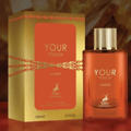 Maison Alhambra Your Touch Amber — Gold box with orange label and chain design next to an amber glass perfume bottle with a gold cap.