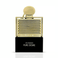 Rave Pure Desire Gold by Rave 100ml EDP — A gold-accented perfume bottle with a black base, featuring a textured gold cap and a grid pattern on the front.