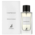 Maison Alhambra L'Impressio Pour Femme — White box and clear glass perfume bottle with black cap, featuring a deer logo.