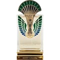 Maison Alhambra La Charmante by Maison Alhambra 100ml EDP — Clear glass perfume bottle with gold base and ornate gold and green peacock feather-inspired cap and detailing on the front.