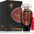 Lattafa Mohra by Lattafa 100ml EDP — Black perfume bottle with a red tassel and gold accents, next to its matching black and gold patterned box with a tree motif.