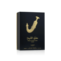 Lattafa Pride Ishq Al Shuyukh Gold — Black perfume box with a golden Arabic dagger illustration and gold text.
