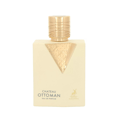 Maison Alhambra Chateau Ottoman Eau de Parfum — A cream-colored rectangular perfume bottle with a gold textured triangular emblem on the front and a fluted gold cap.