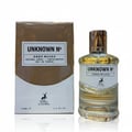 Maison Alhambra Unknown No Deep Woods — Box and bottle of fragrance, gold cap, white label with deer logo, clear glass bottle with ribbed texture, white background.