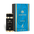 Maison Alhambra Sceptre Oceana — Black perfume bottle with gold accents next to its blue and gold patterned box, white background.