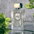 Lattafa Liam Grey by Lattafa 100ml EDP — Clear glass perfume bottle with a silver emblem featuring Arabic script and 'LIAM' in English, topped with a polished gold cap. Green leaves frame the bottle against a textured grey background.