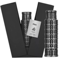 Lattafa Pride Pisa by Lattafa Pride 100ml EDP — Two silver tower-shaped perfume bottles, one in a black open box, with a silver info card.
