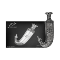 Niche Emarati Khanjar by Niche Emarati 85ml EDP — A black and white image featuring a stylized dagger-shaped perfume bottle and its ornate cap, set against a dark background with the brand logo.