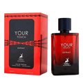 Maison Alhambra Your Touch Extrait — Red and black packaging box and red glass perfume bottle with black cap, featuring deer logo and text.