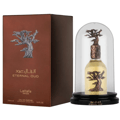 Lattafa Pride Eternal Oud — Brown box with embossed tree design next to a glass-domed perfume bottle with a tree-shaped metal accent